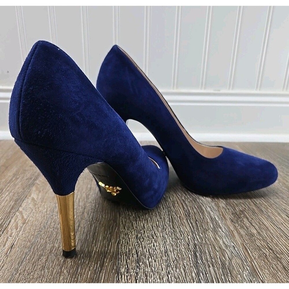 PRADA Blue Suede Pumps Shoes Gold Heels 37.5 US 7